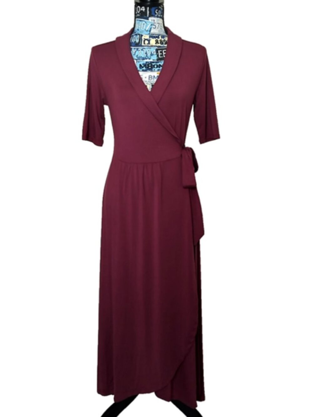 QUINCE Tencel Jersey Midi Wrap Dress Asymmetrical Hem Stretch Lyocell Wine M NWT - Picture 3 of 11